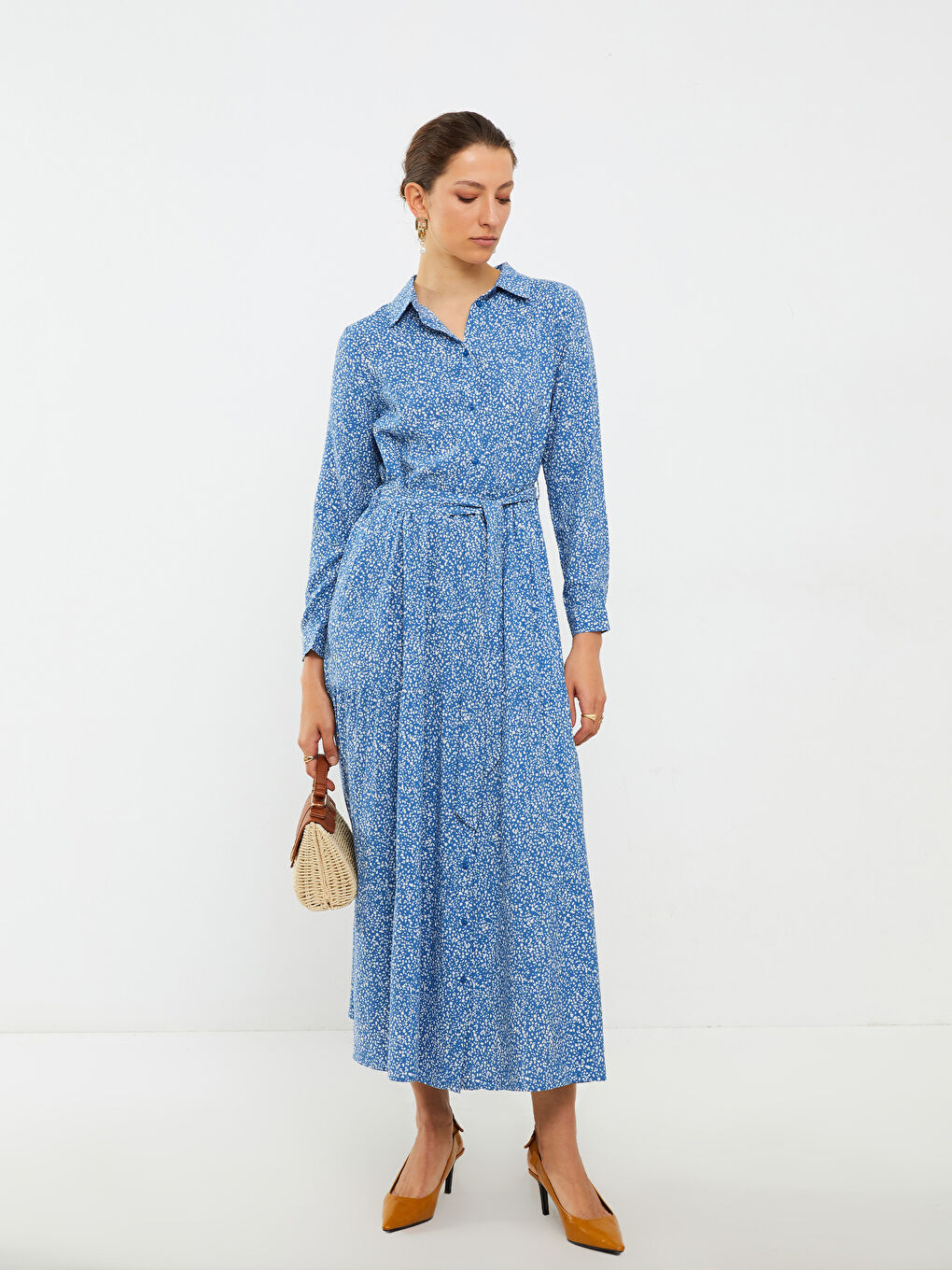 Patterned Long Sleeve Viscose Women Shirt Dress-2