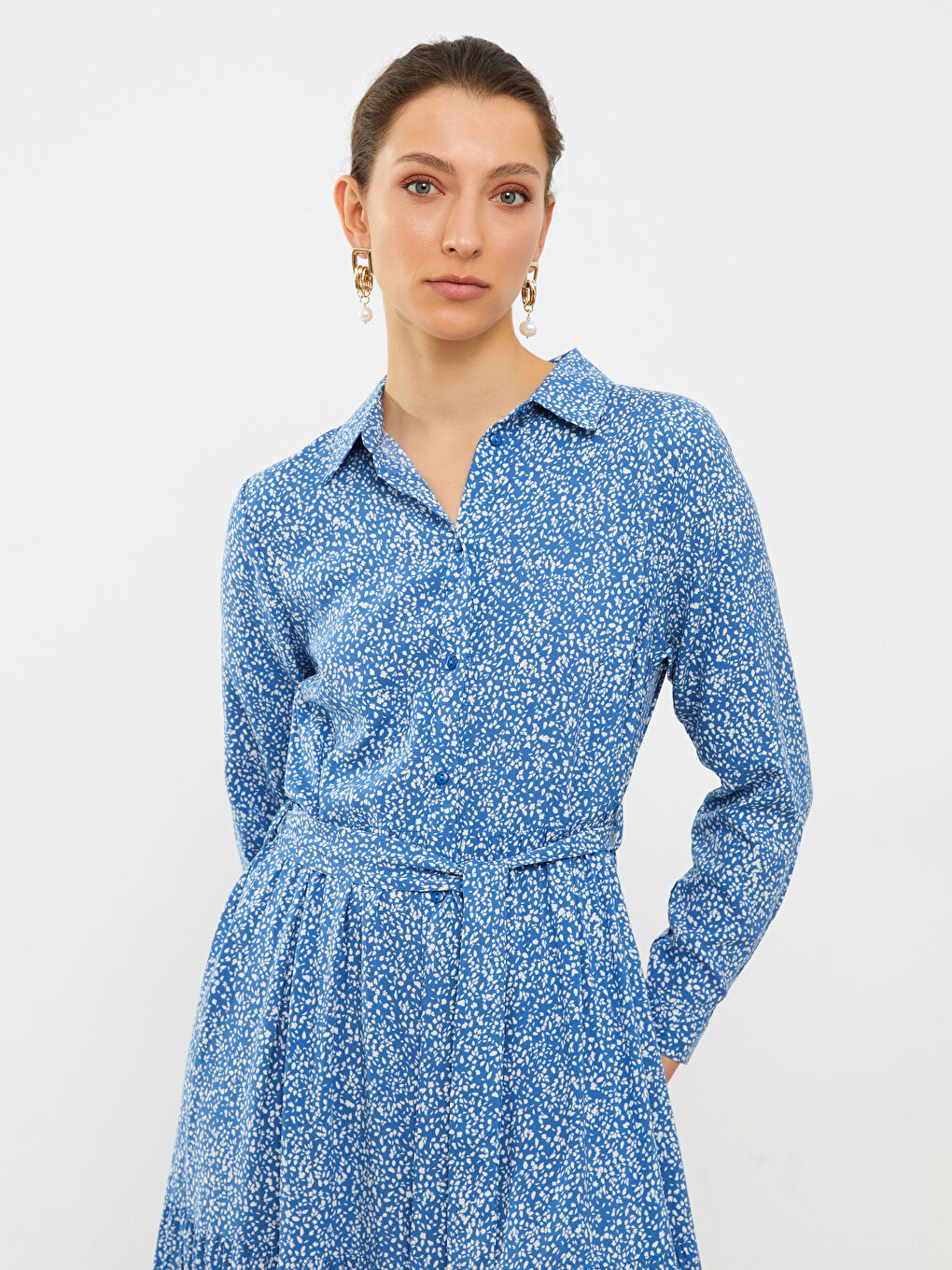 Patterned Long Sleeve Viscose Women Shirt Dress-3