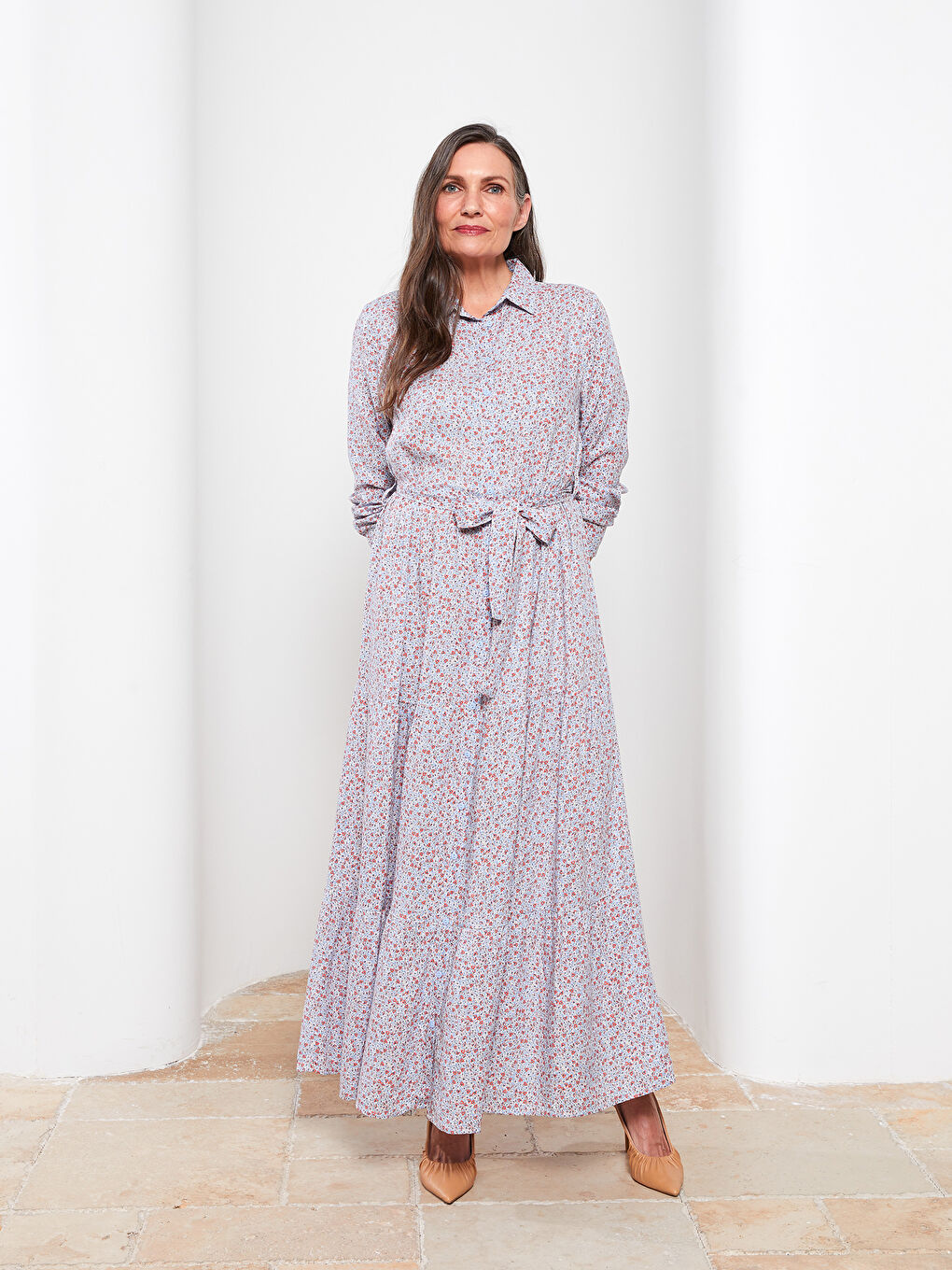 قميص فستان نسائي منقوش بكم طويل فيسكوز