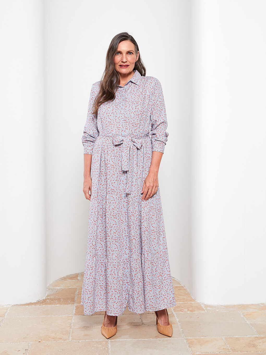 قميص فستان نسائي منقوش بكم طويل فيسكوز-1