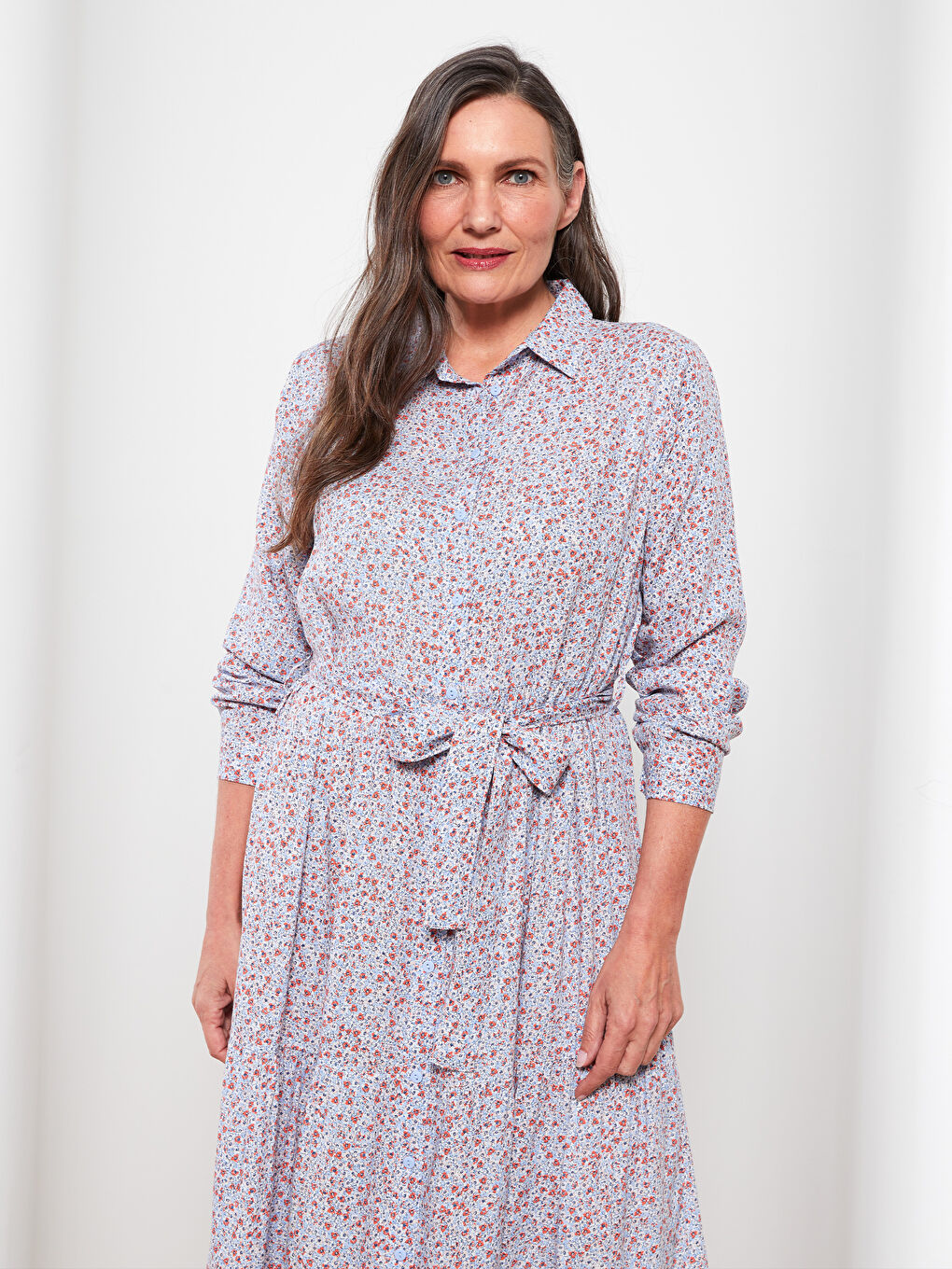 قميص فستان نسائي منقوش بكم طويل فيسكوز-2