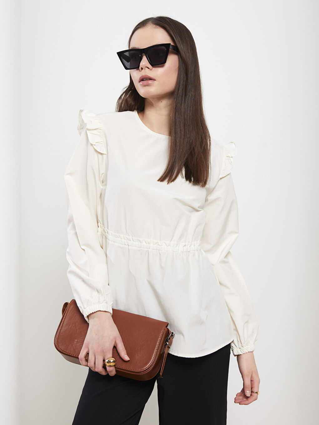 Ekru Bisiklet Yaka Düz Uzun Kollu Poplin Kadın Bluz-1