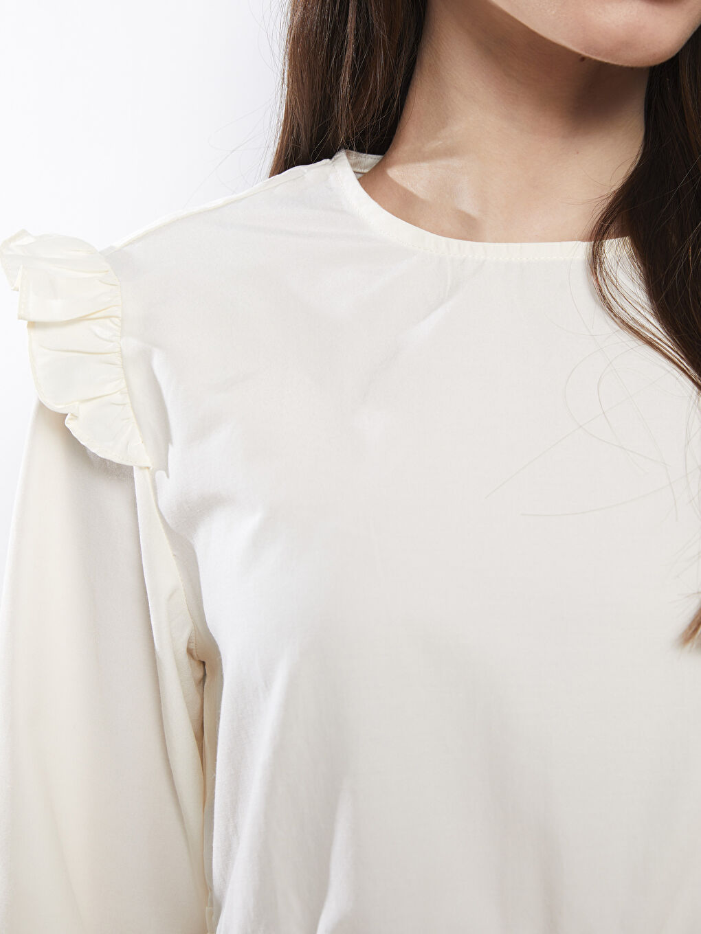 Ekru Bisiklet Yaka Düz Uzun Kollu Poplin Kadın Bluz-3