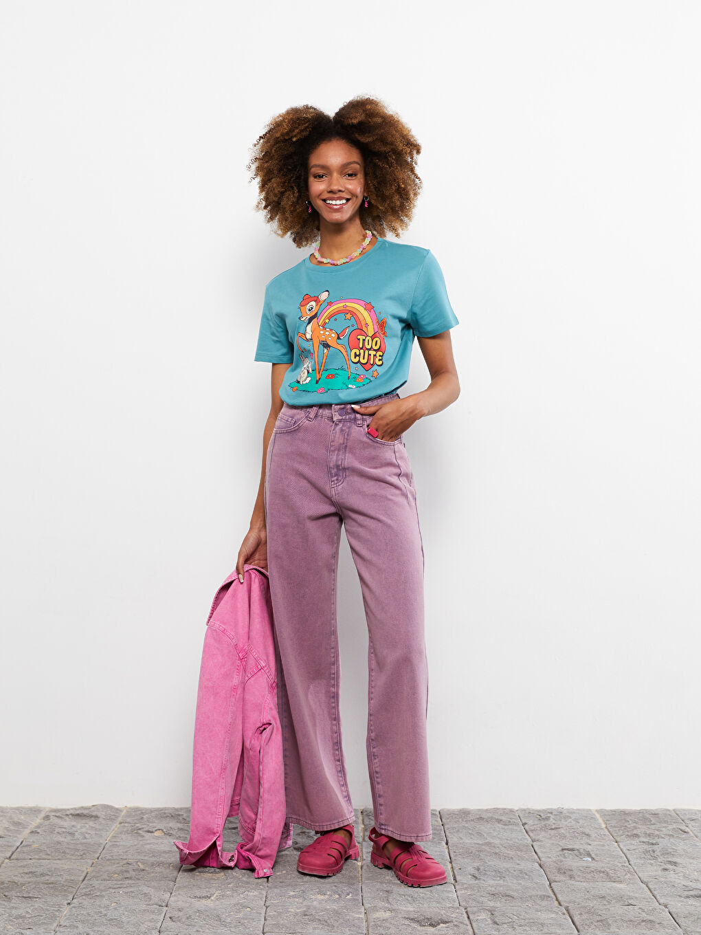 LCW Vision Crew Neck Bambi Printed Short Sleeve Cotton Women's T-Shirt -S2J032Z8-H8C