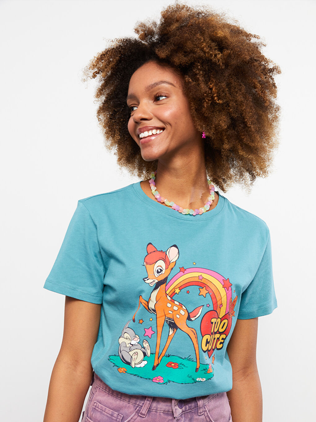 LCW Vision Crew Neck Bambi Printed Short Sleeve Cotton Women's T-Shirt -S2J032Z8-H8C