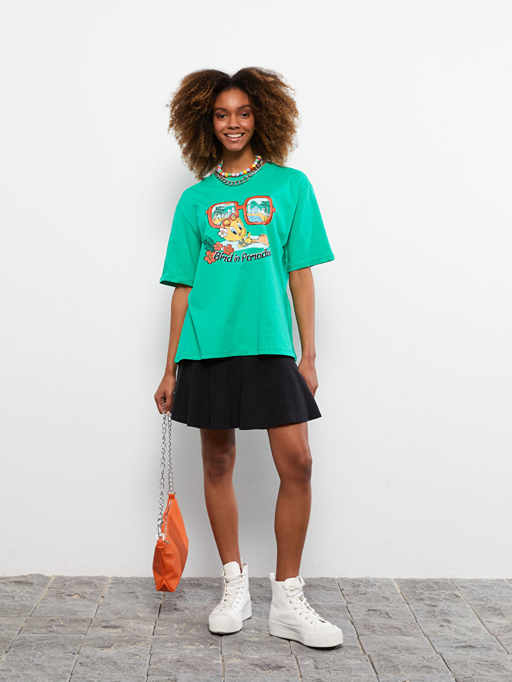 Crew Neck Tweety Printed Short Sleeve Cotton Women's T-Shirt-1