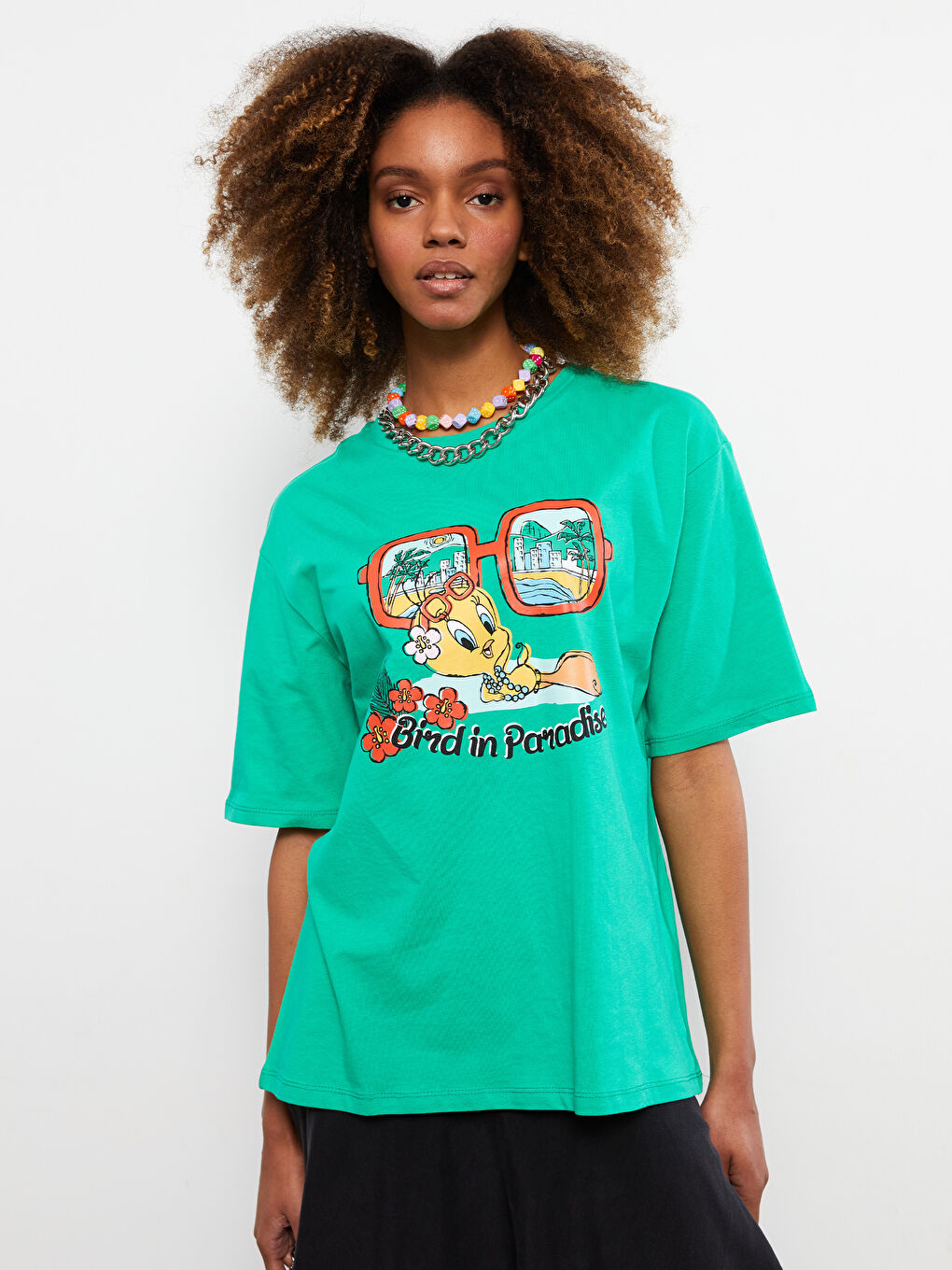 Crew Neck Tweety Printed Short Sleeve Cotton Women's T-Shirt-2