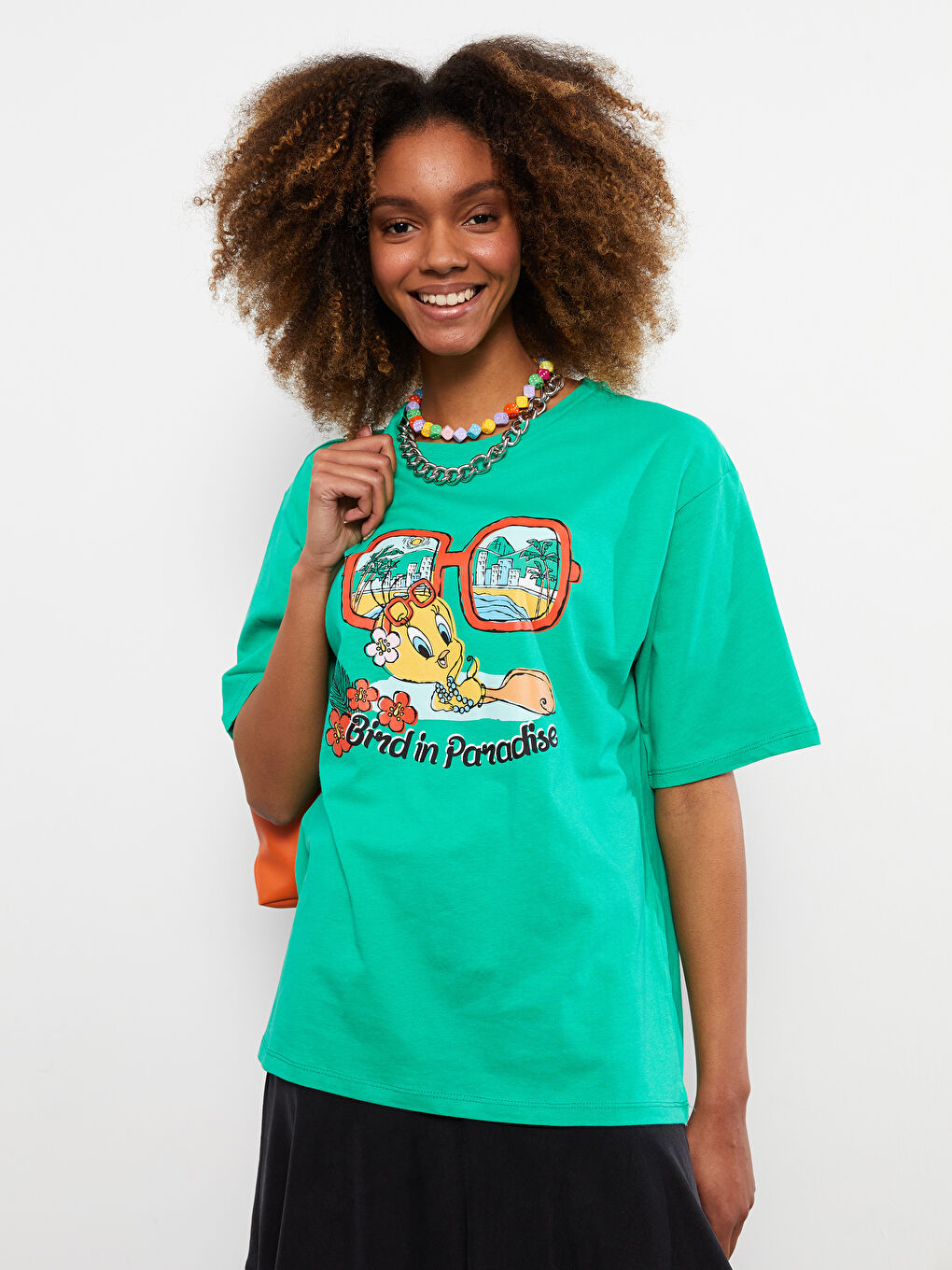 Crew Neck Tweety Printed Short Sleeve Cotton Women's T-Shirt-3