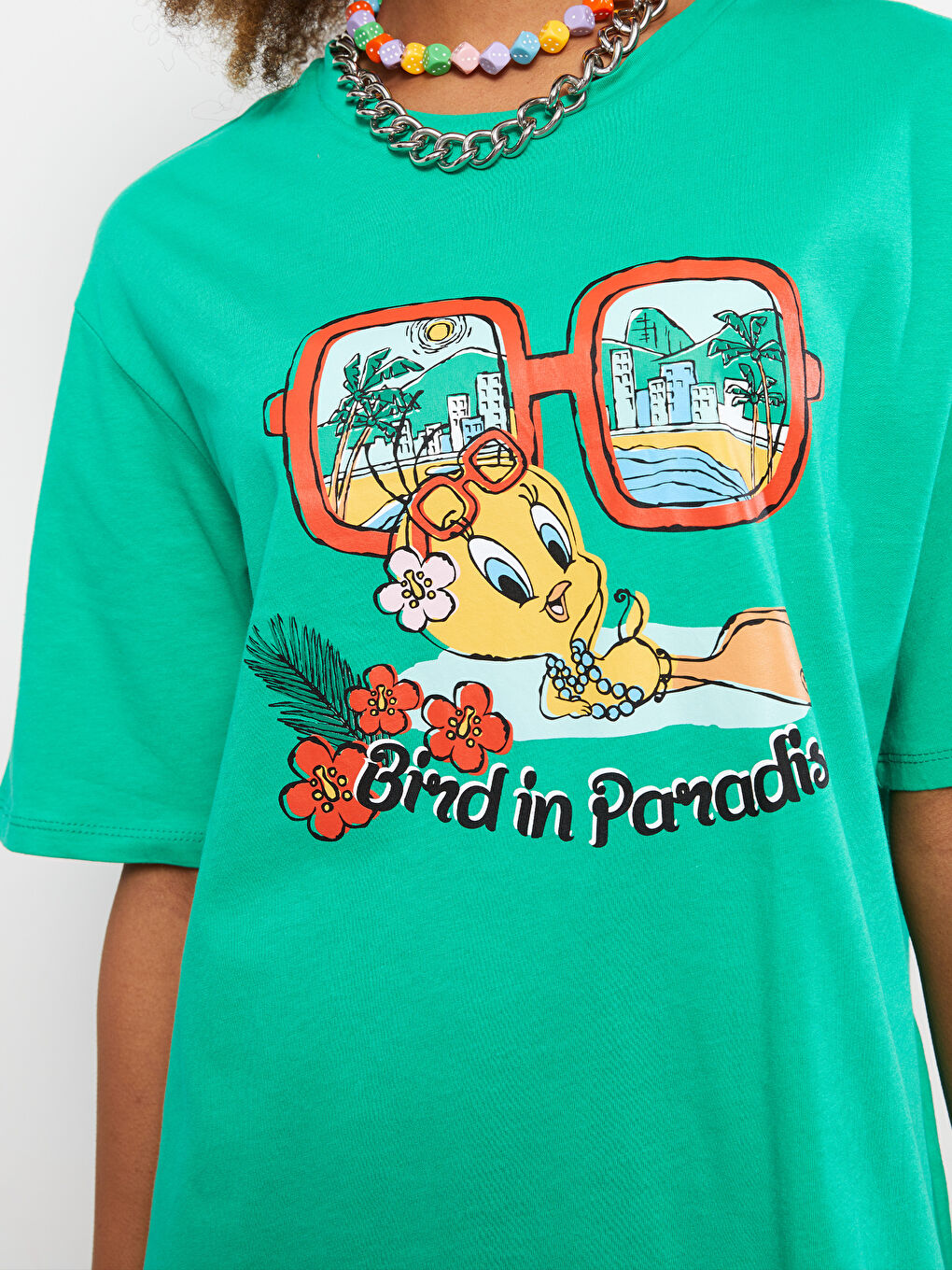 Crew Neck Tweety Printed Short Sleeve Cotton Women's T-Shirt-4