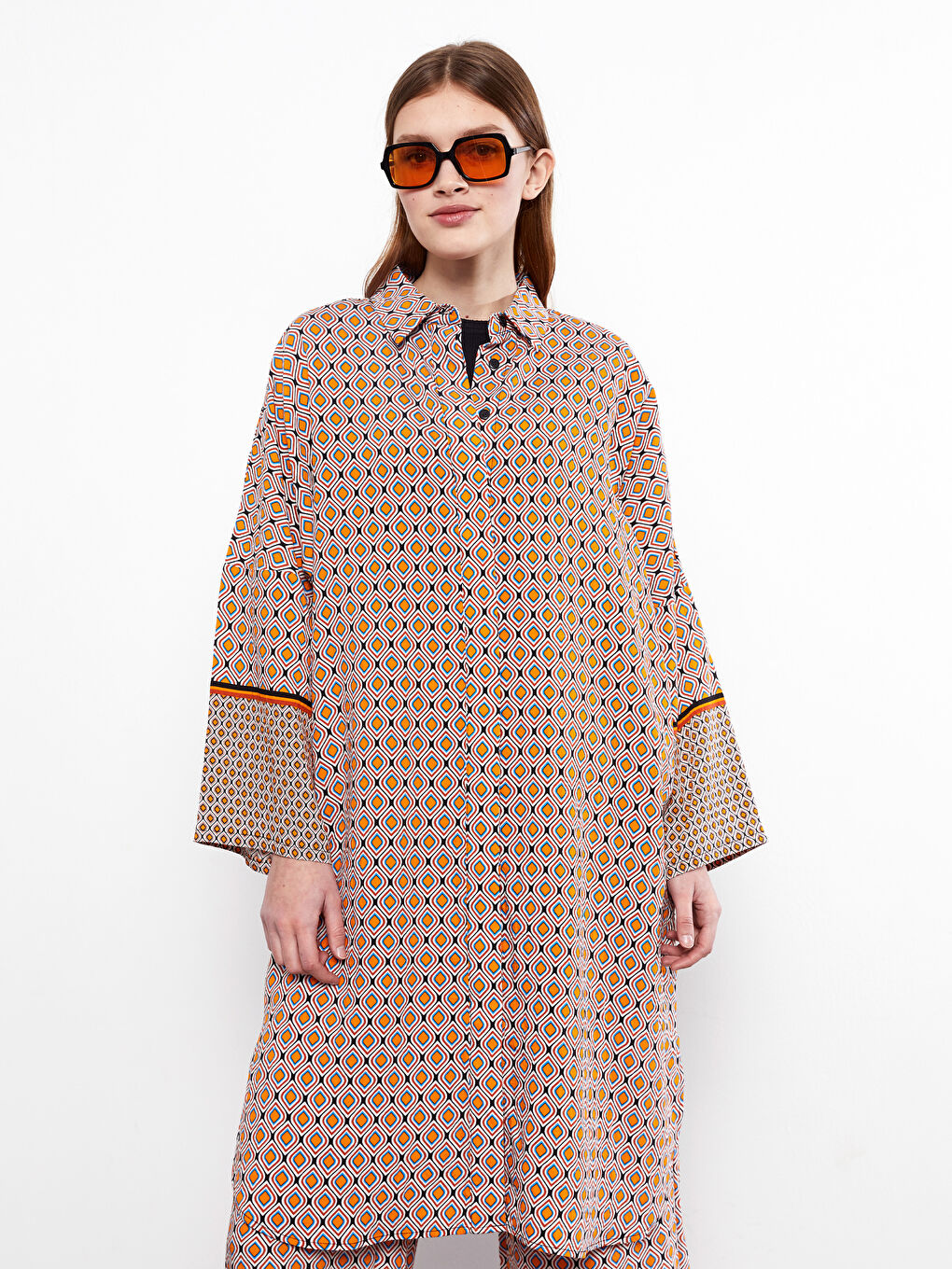 تونيك قميص نسائي أوفراسايز كم طويل منقوش-2