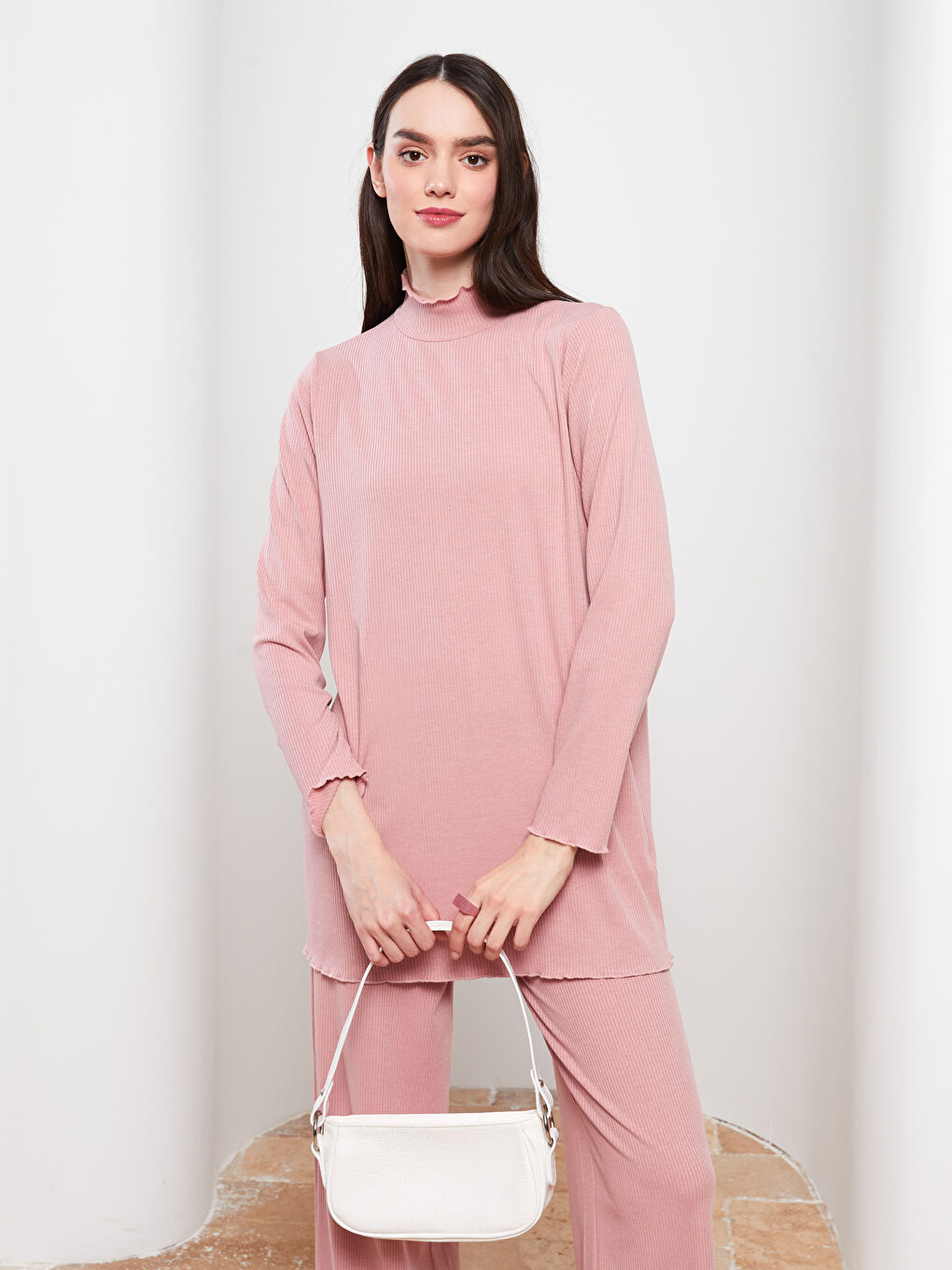 تونيك كم طويل سادة بياقة قمع للسيدات-1