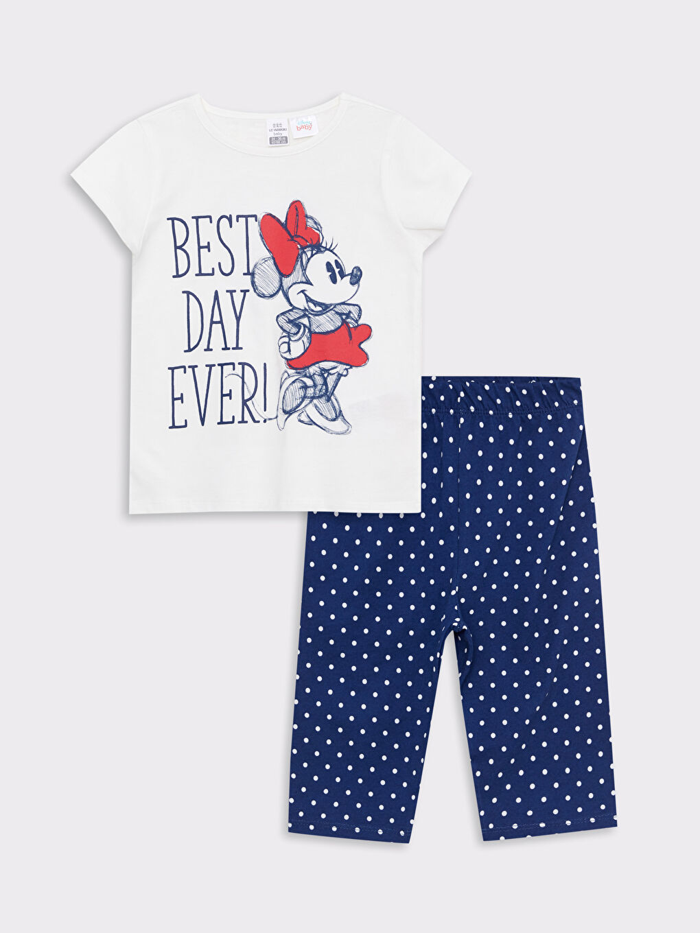 Ekru Bisiklet Yaka Kısa Kollu Minnie Mouse Baskılı Pamuklu Kız Bebek Pijama Takım