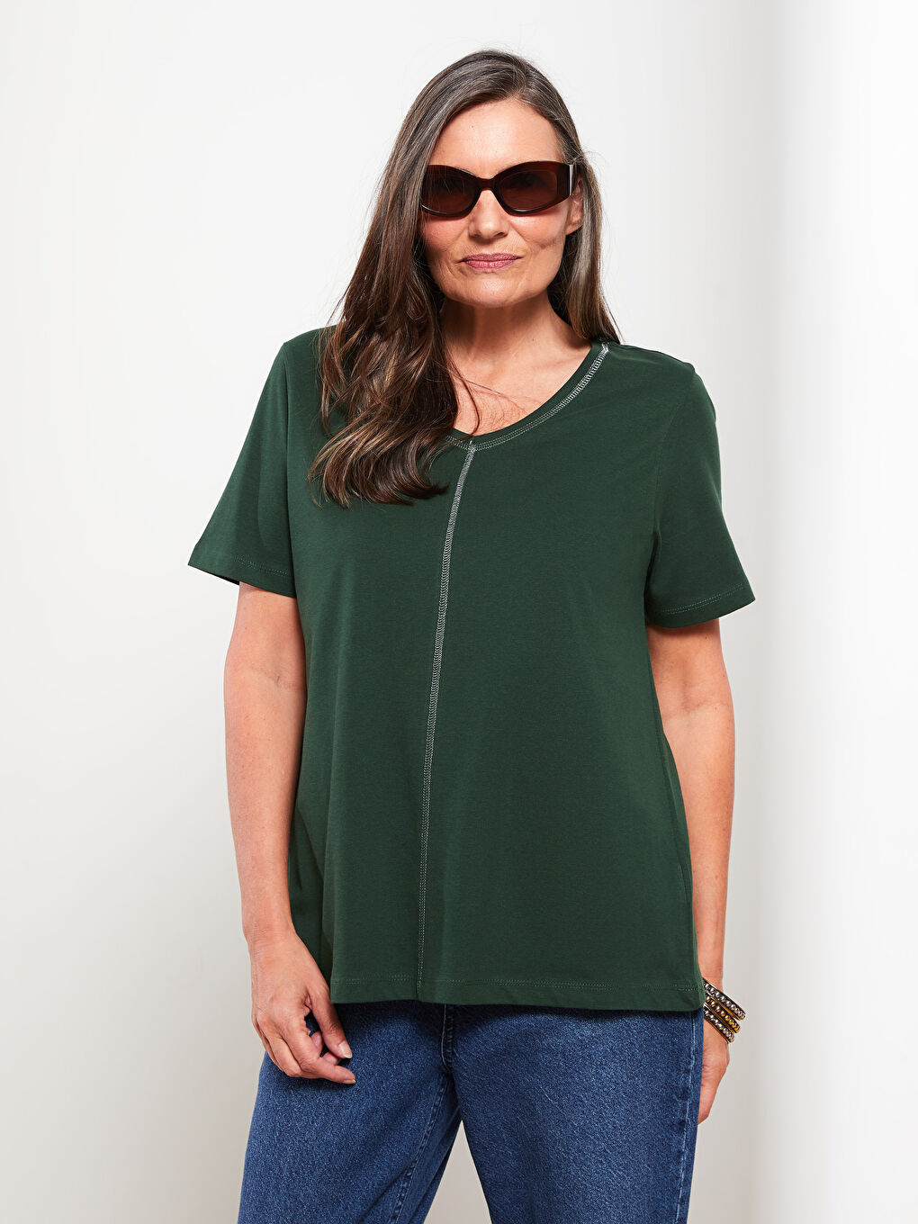 V Neck Embroidered Short Sleeve Cotton Women's T-Shirt-1