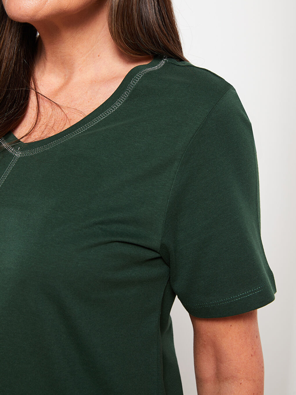 V Neck Embroidered Short Sleeve Cotton Women's T-Shirt-2