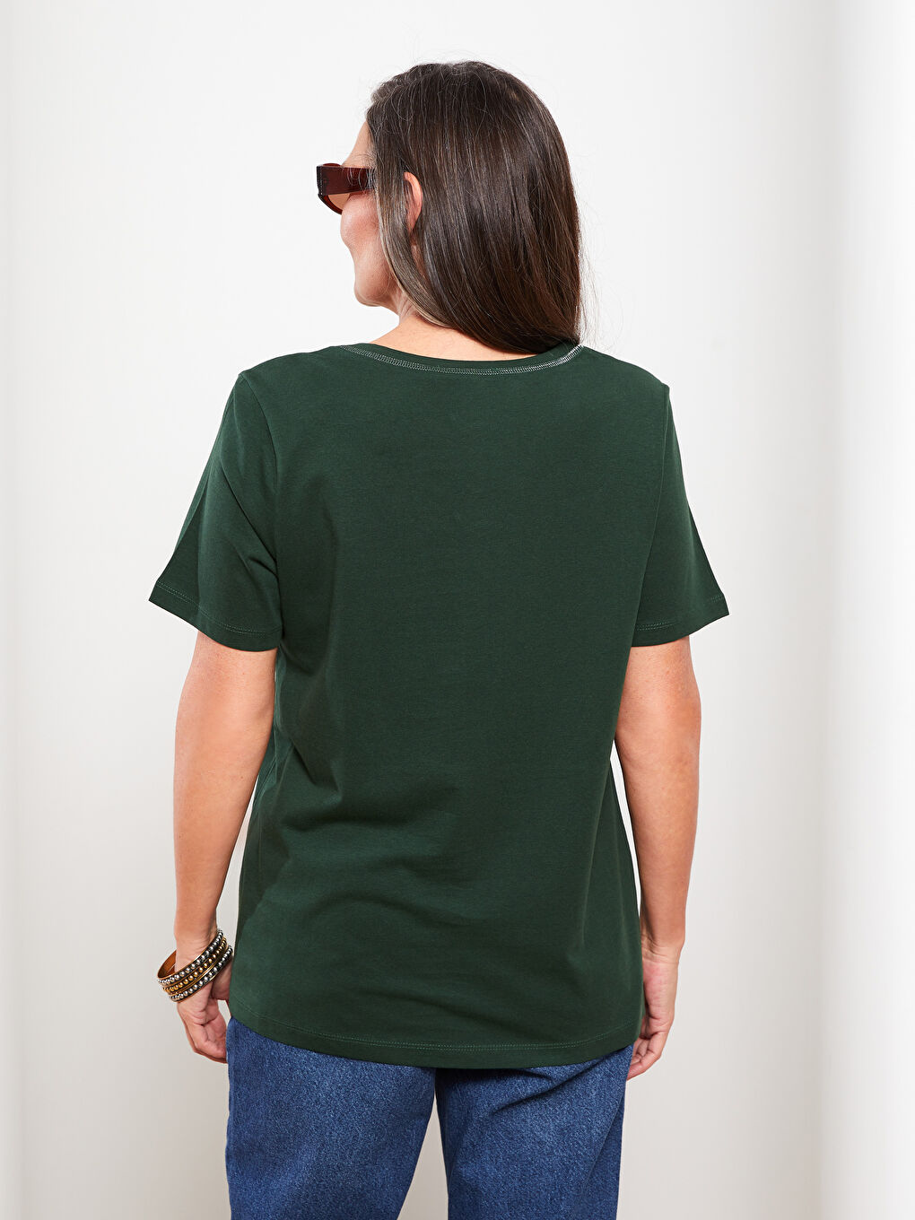 V Neck Embroidered Short Sleeve Cotton Women's T-Shirt-3