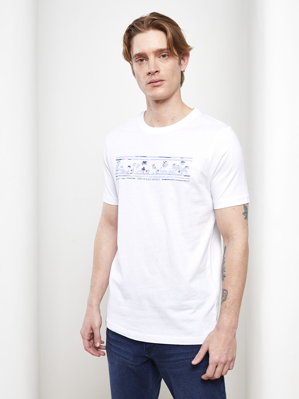 Beyaz Bisiklet Yaka Kısa Kollu Baskılı Penye Erkek Tişört-1