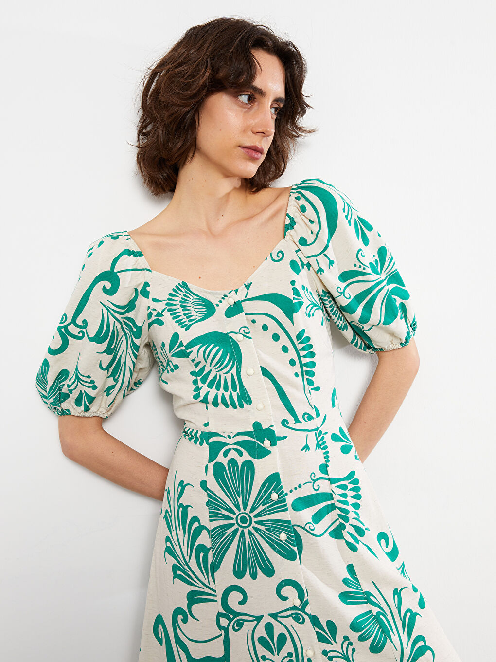 Herzausschnitt Bedrucktes Kurzarm Leinen Kleid für Damen-1