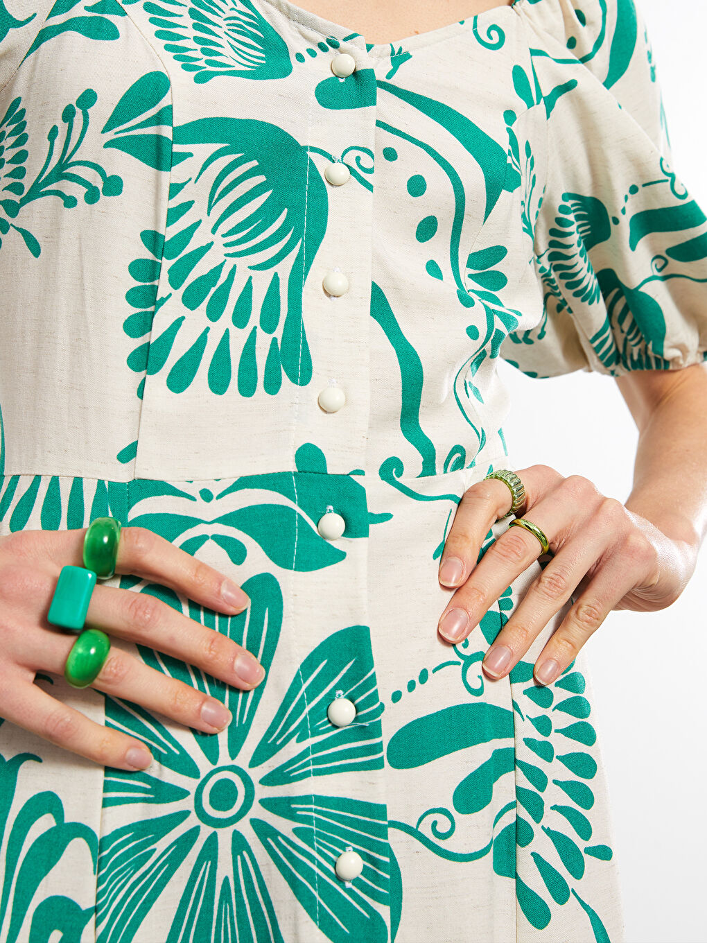 Herzausschnitt Bedrucktes Kurzarm Leinen Kleid für Damen-2