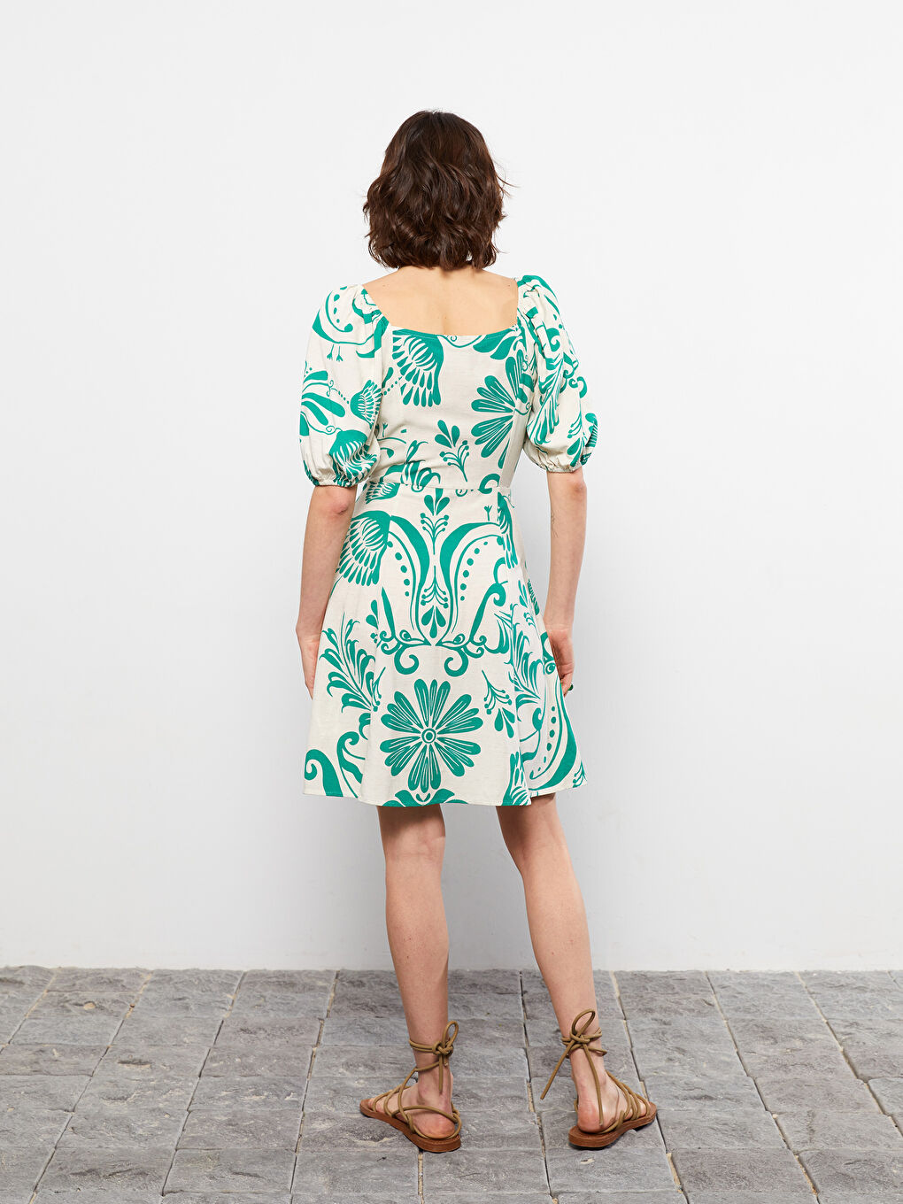 Herzausschnitt Bedrucktes Kurzarm Leinen Kleid für Damen-3