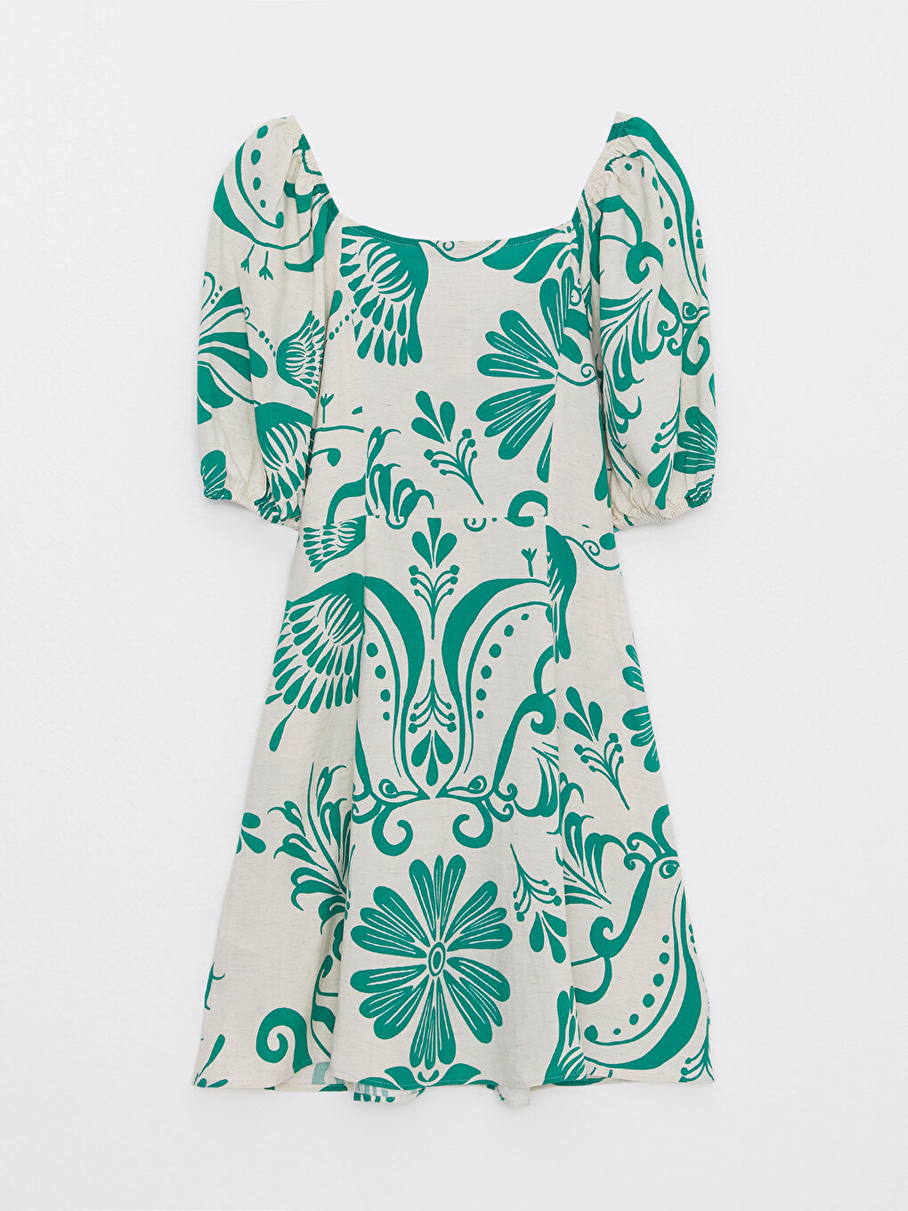 Herzausschnitt Bedrucktes Kurzarm Leinen Kleid für Damen-5