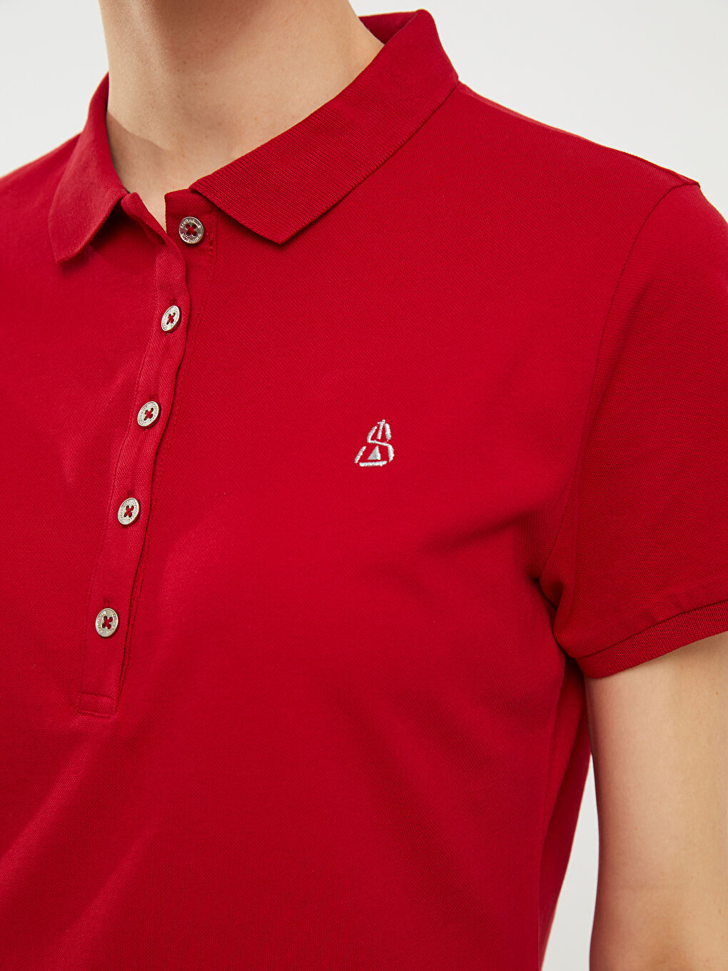 Kırmızı Polo Yaka Nakışlı Kısa Kollu Pamuklu Kadın Elbise-2