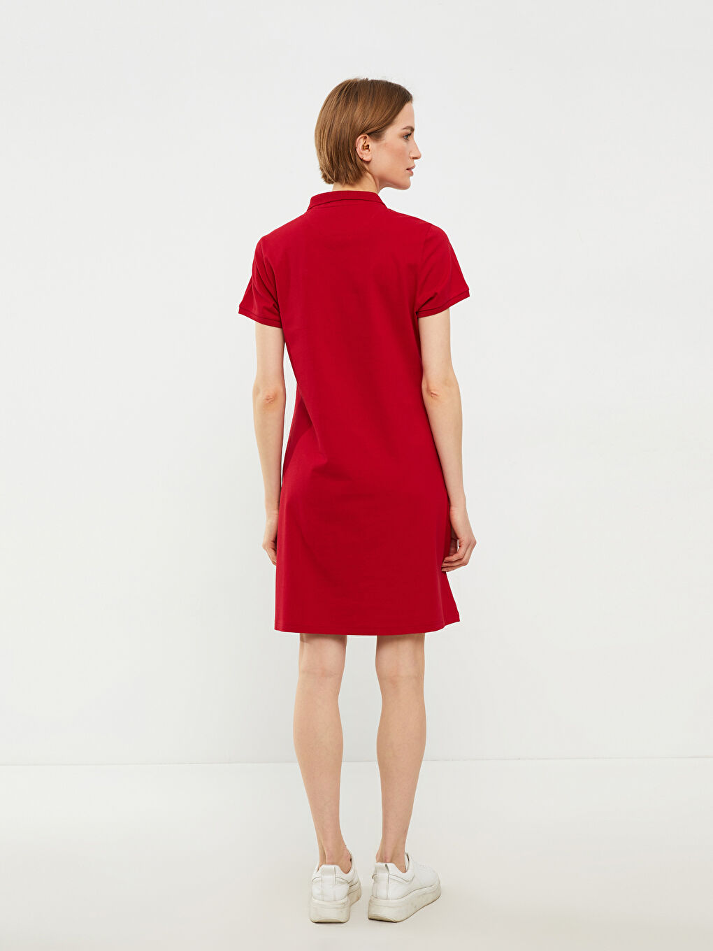 Kırmızı Polo Yaka Nakışlı Kısa Kollu Pamuklu Kadın Elbise-3