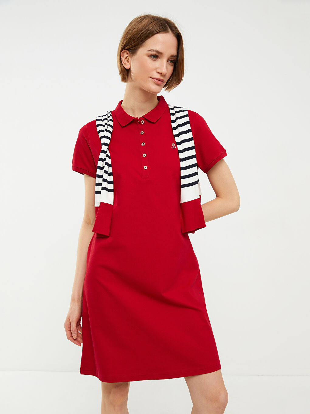 Kırmızı Polo Yaka Nakışlı Kısa Kollu Pamuklu Kadın Elbise-5