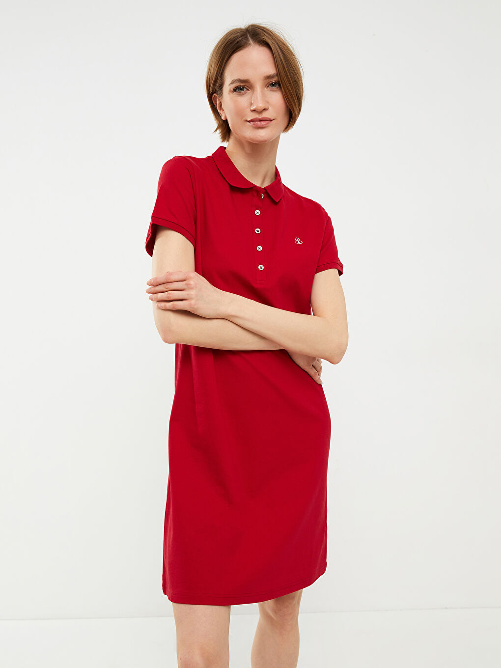 Kırmızı Polo Yaka Nakışlı Kısa Kollu Pamuklu Kadın Elbise-6