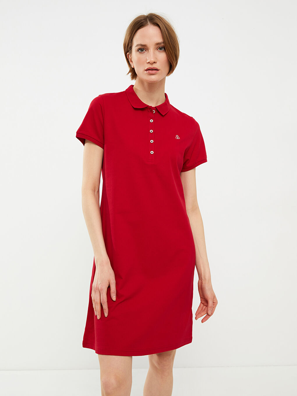 Kırmızı Polo Yaka Nakışlı Kısa Kollu Pamuklu Kadın Elbise-9