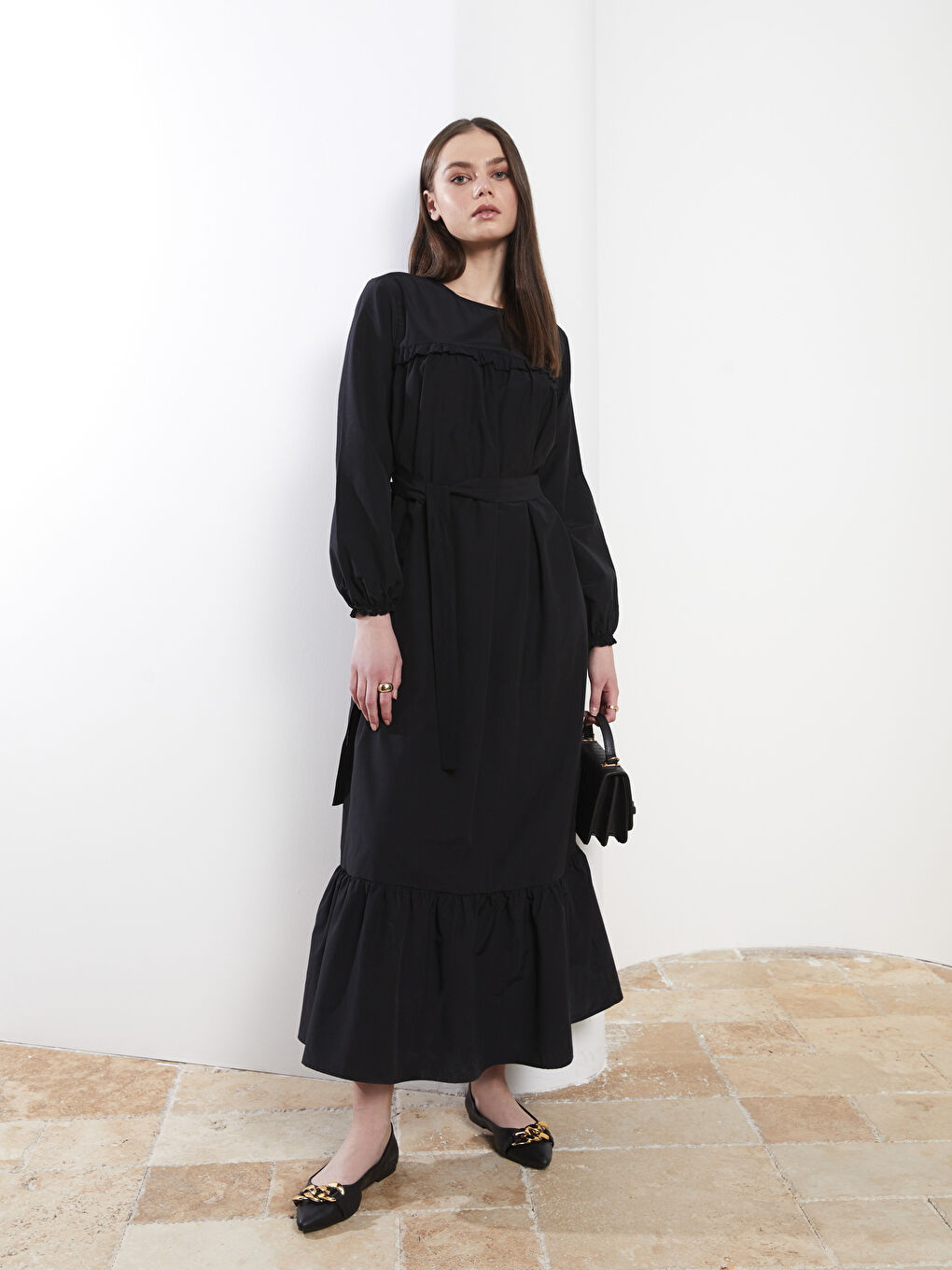 فستان بوبلين بياقة دائرية كم طويل عادي للسيدات