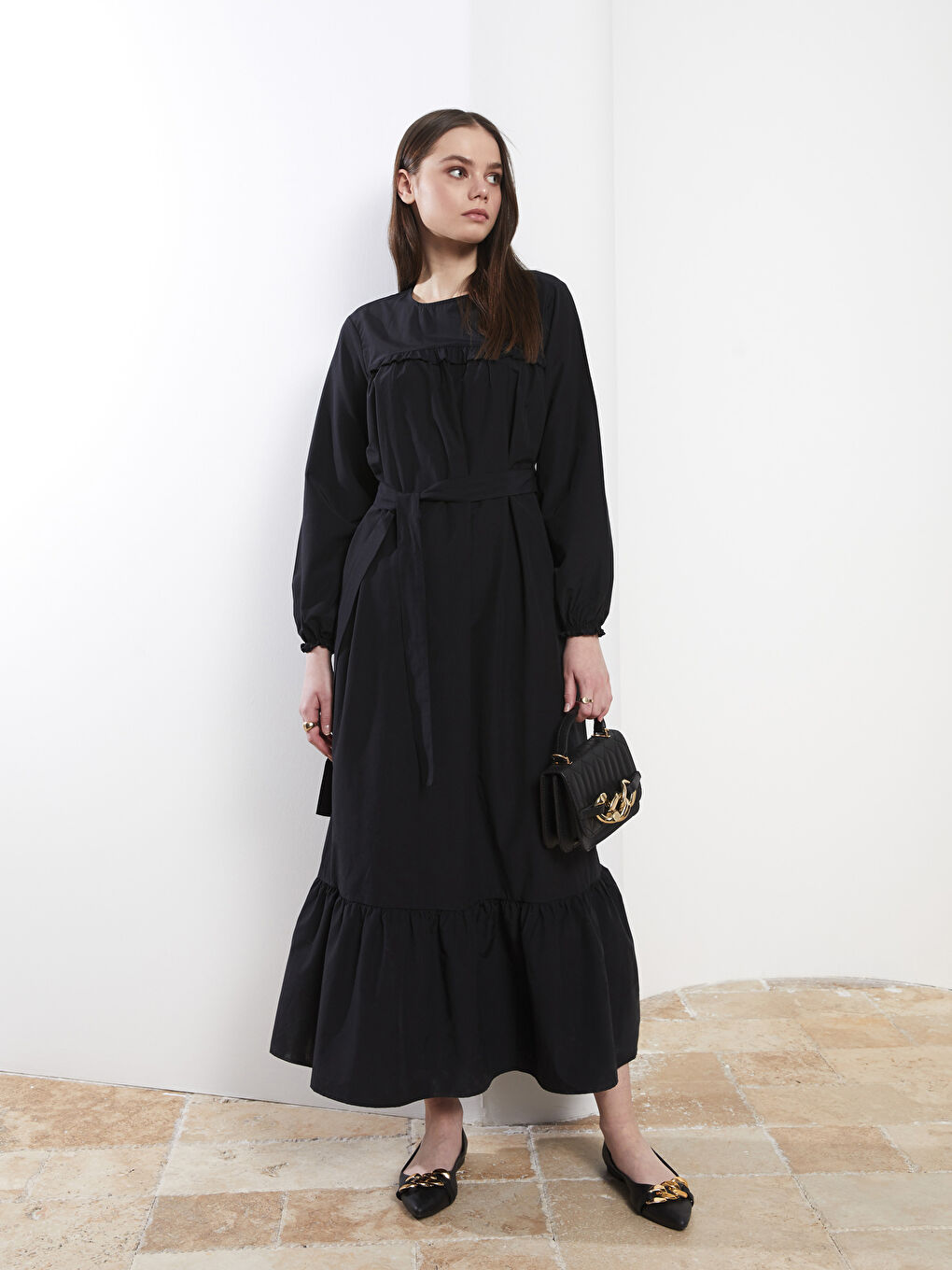 فستان بوبلين بياقة دائرية كم طويل عادي للسيدات-1