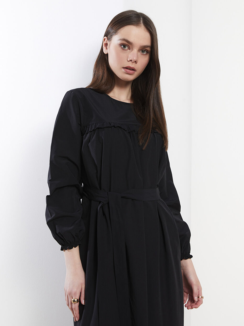 فستان بوبلين بياقة دائرية كم طويل عادي للسيدات-2