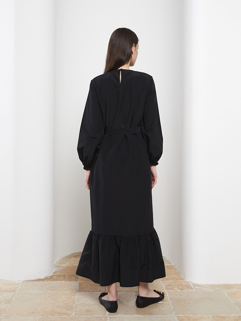 فستان بوبلين بياقة دائرية كم طويل عادي للسيدات-4