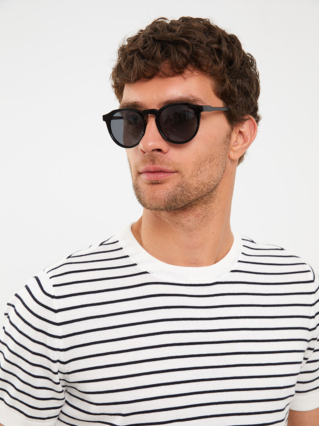 Lacivert Bisiklet Yaka Kısa Kollu Çizgili Erkek Tişört-1