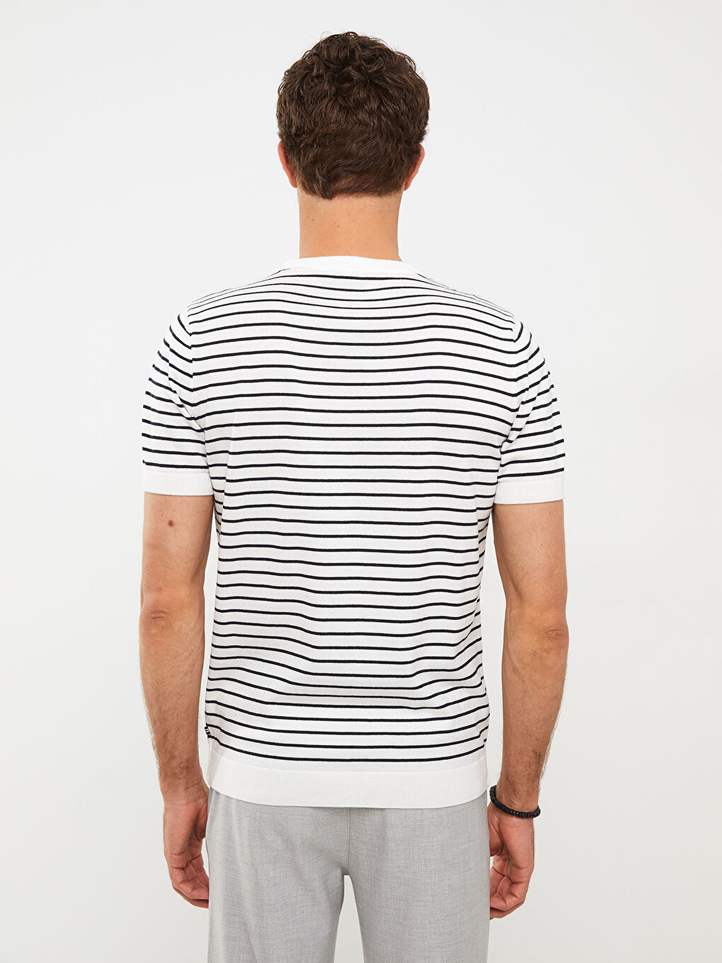 Lacivert Bisiklet Yaka Kısa Kollu Çizgili Erkek Tişört-4