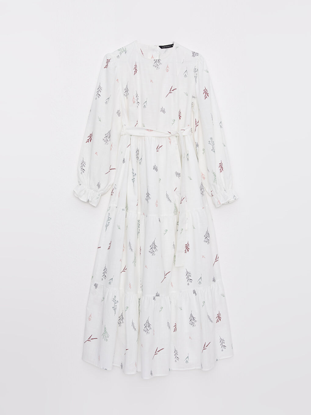 Ekru Bisiklet Yaka Desenli Uzun Kollu Poplin Kadın Elbise-6