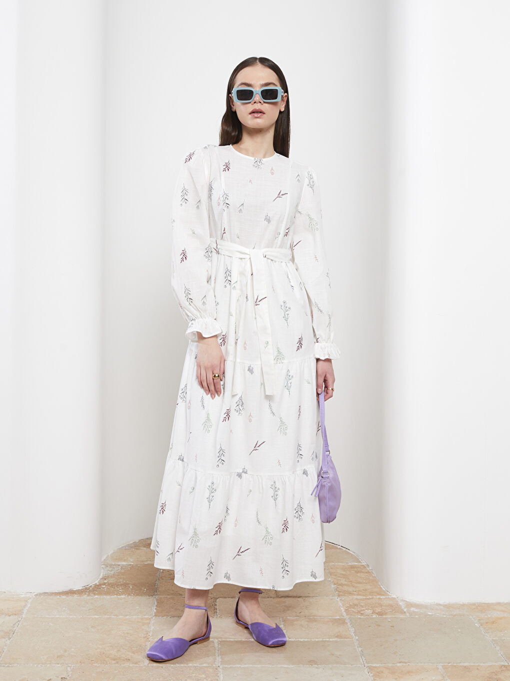 Ekru Bisiklet Yaka Desenli Uzun Kollu Poplin Kadın Elbise-1