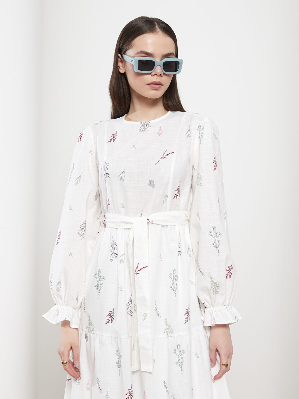 Ekru Bisiklet Yaka Desenli Uzun Kollu Poplin Kadın Elbise-2