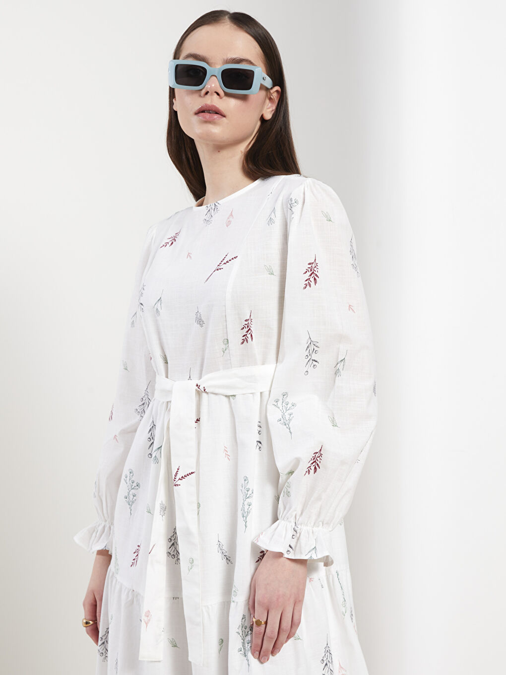 Ekru Bisiklet Yaka Desenli Uzun Kollu Poplin Kadın Elbise-3