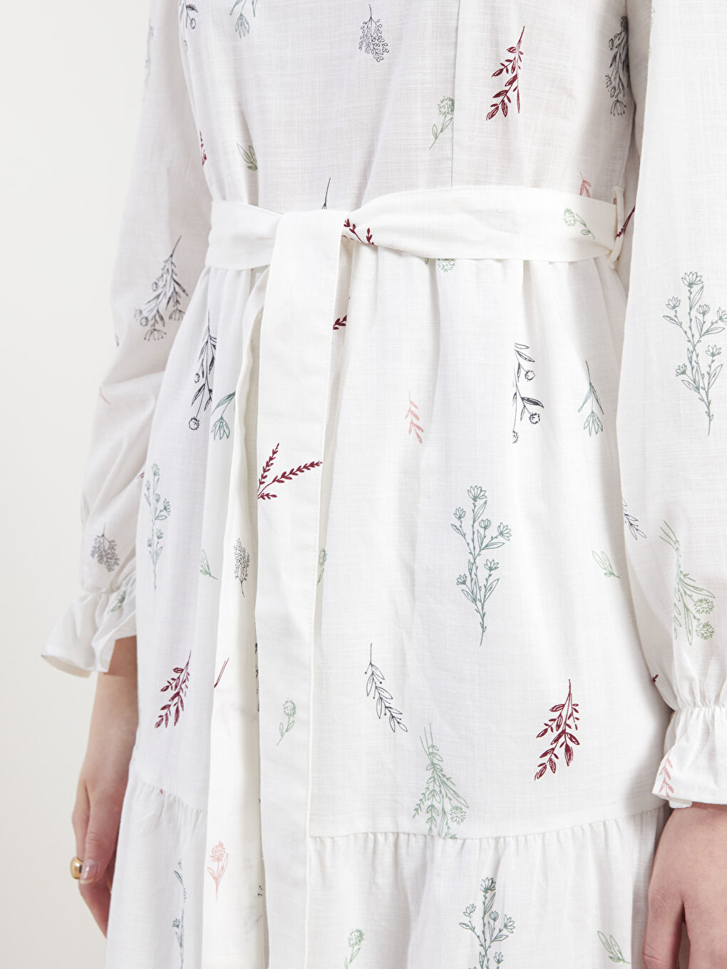 Ekru Bisiklet Yaka Desenli Uzun Kollu Poplin Kadın Elbise-4