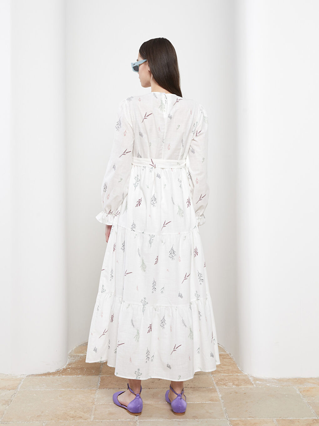 Ekru Bisiklet Yaka Desenli Uzun Kollu Poplin Kadın Elbise-5