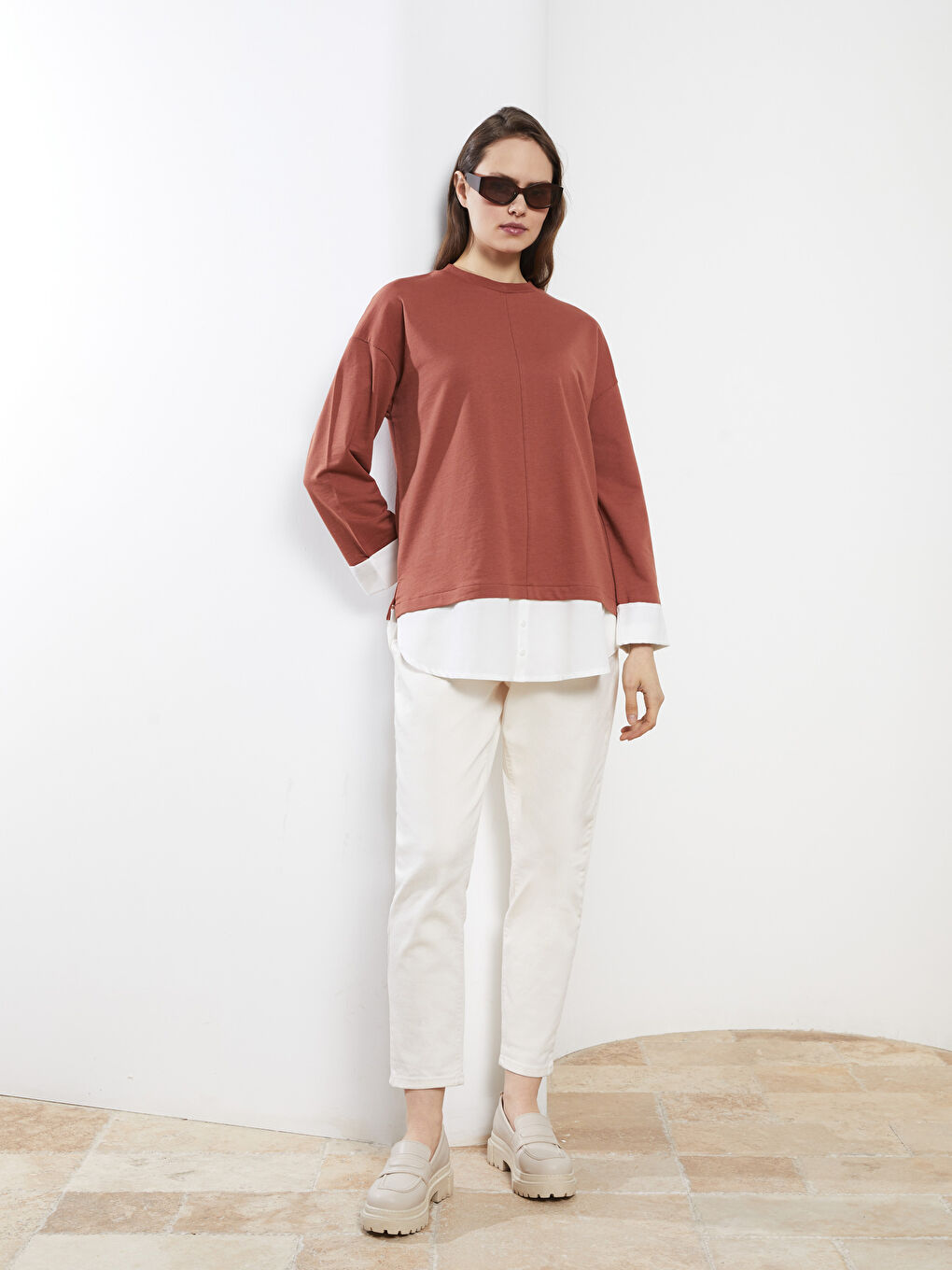 Kahverengi Bisiklet Yaka Renk Bloklu Uzun Kollu Kadın Sweatshirt Tunik