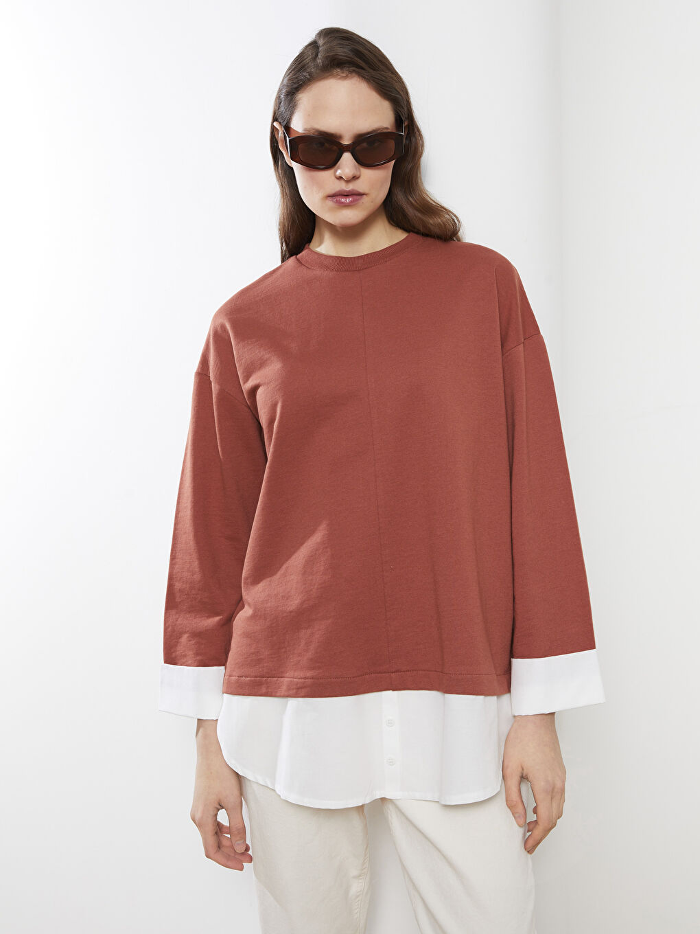 Kahverengi Bisiklet Yaka Renk Bloklu Uzun Kollu Kadın Sweatshirt Tunik-1