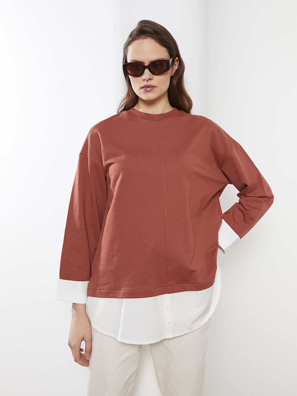 Kahverengi Bisiklet Yaka Renk Bloklu Uzun Kollu Kadın Sweatshirt Tunik-2