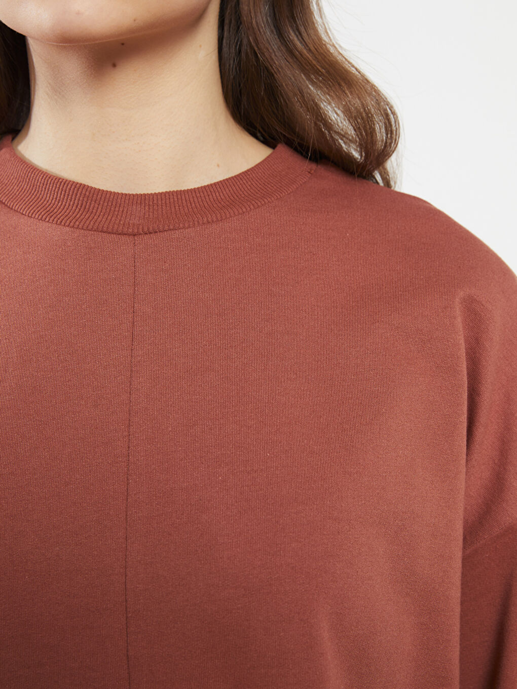 Kahverengi Bisiklet Yaka Renk Bloklu Uzun Kollu Kadın Sweatshirt Tunik-3