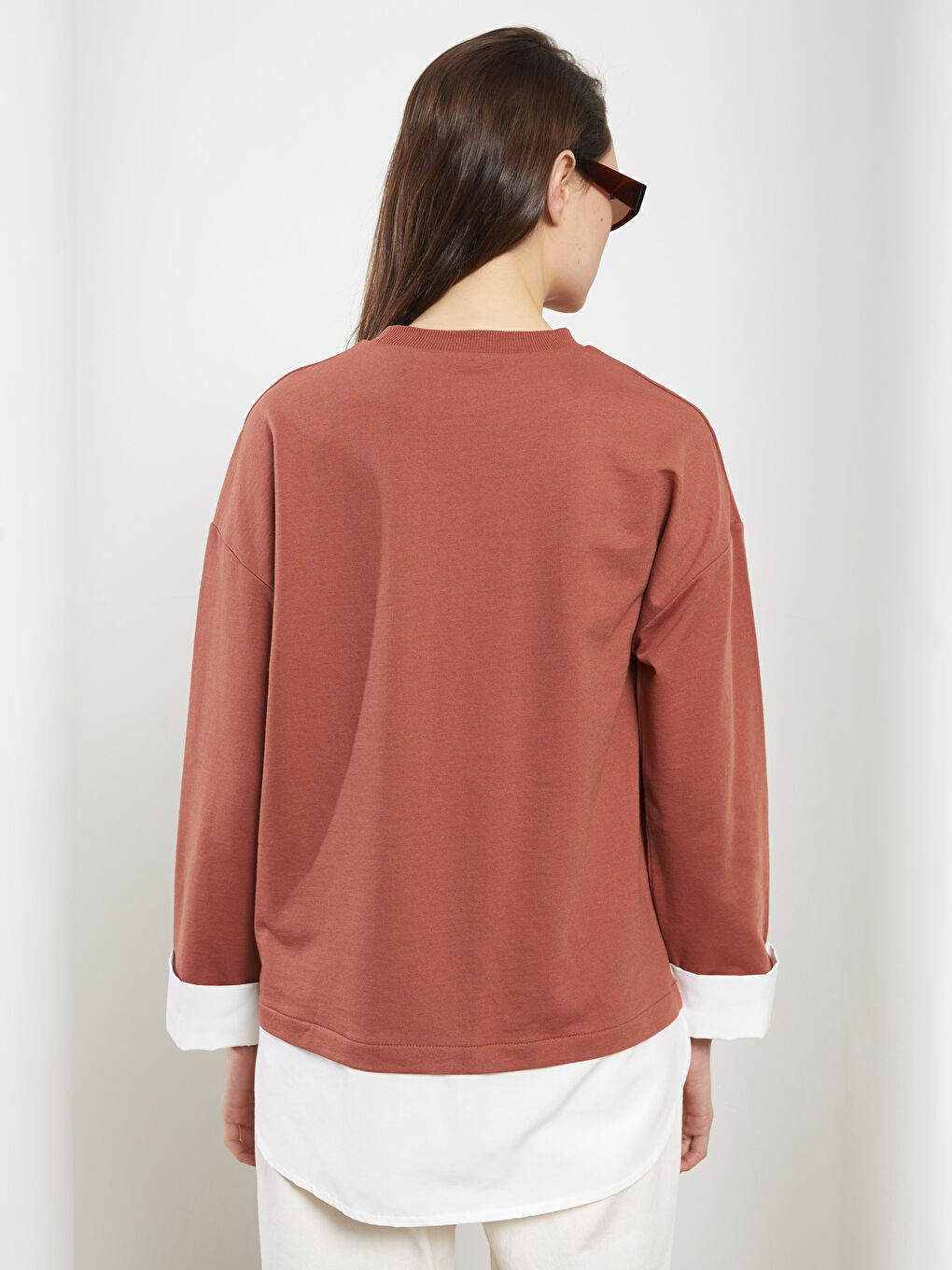 Kahverengi Bisiklet Yaka Renk Bloklu Uzun Kollu Kadın Sweatshirt Tunik-4