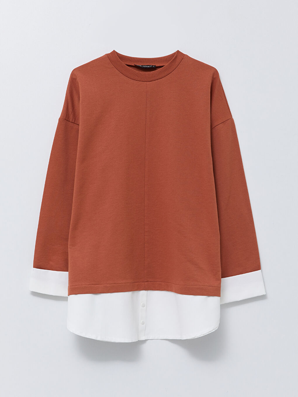 Kahverengi Bisiklet Yaka Renk Bloklu Uzun Kollu Kadın Sweatshirt Tunik-5