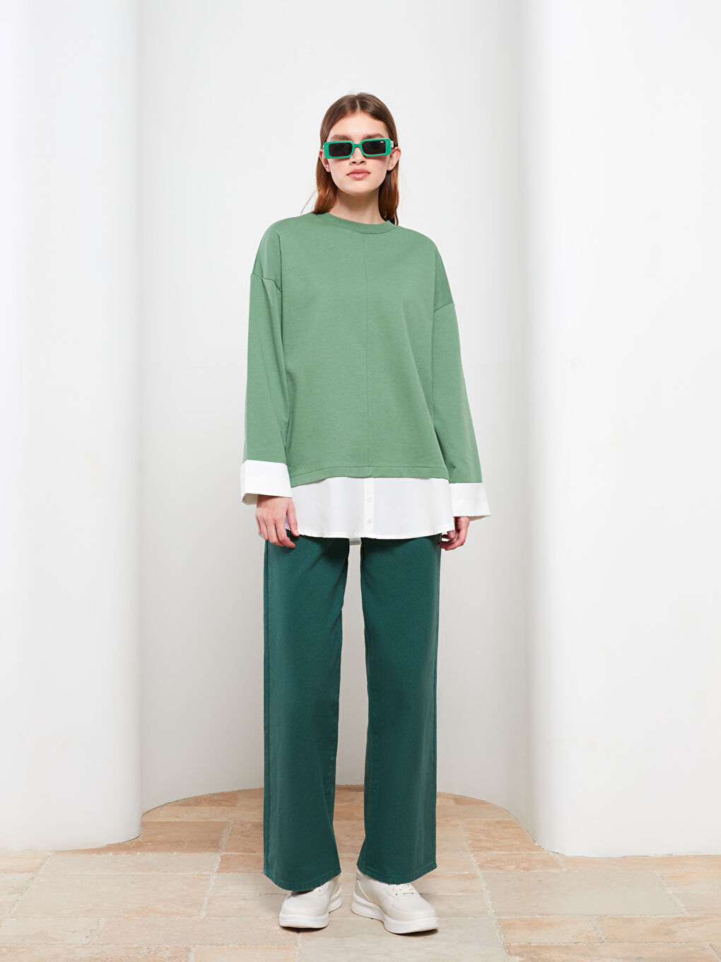 Yeşil Bisiklet Yaka Renk Bloklu Uzun Kollu Kadın Sweatshirt Tunik