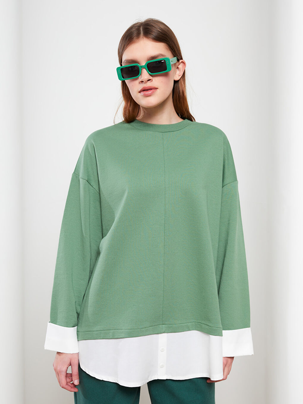 Yeşil Bisiklet Yaka Renk Bloklu Uzun Kollu Kadın Sweatshirt Tunik-1