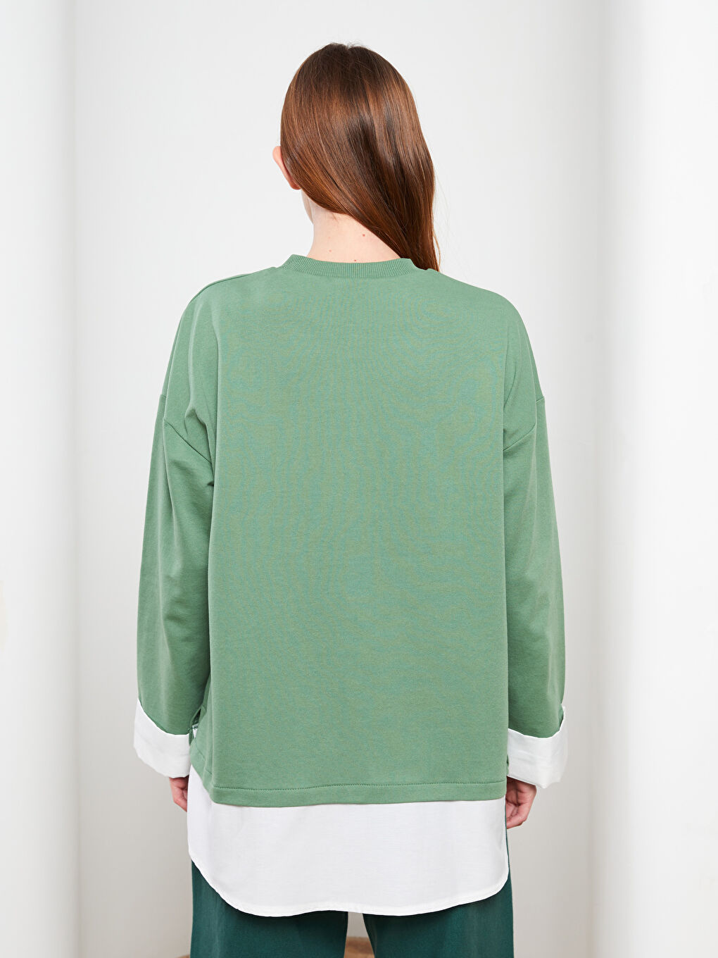 Yeşil Bisiklet Yaka Renk Bloklu Uzun Kollu Kadın Sweatshirt Tunik-3